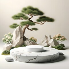 Cracked White Stone Platform with Bonsai and Rocks for Product Display - obrazy, fototapety, plakaty