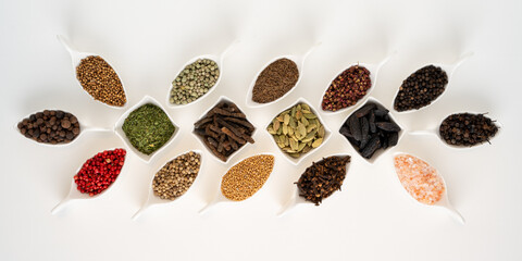 Various spices in porcelain bowls on a white background