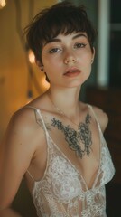 A photo of an attractive woman with short hair wearing a lace dress, posing for the camera, in the style of cottagecore, close up shot - obrazy, fototapety, plakaty