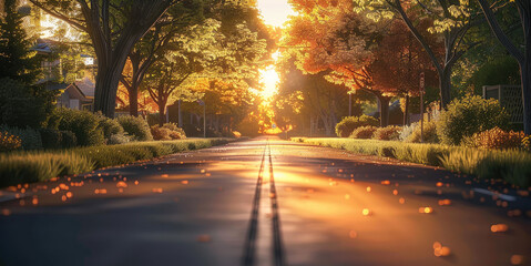 A residential area, a two lane asphalt road with trees on both sides, grasses on both sides, sunset. Generative AI.