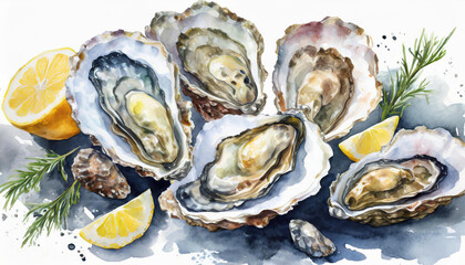 Watercolor hand drawn illustration detailed oysters seafood and lemon. Opened oyster shell on white