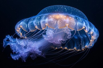 This image features a detailed single blue jellyfish illuminated, highlighting its intricate patterns and tentacle structure
