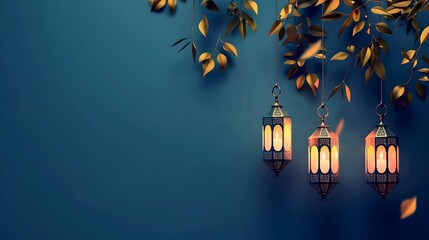 Colorful Decorations Lanterns Hanging from Tree on Blue Background