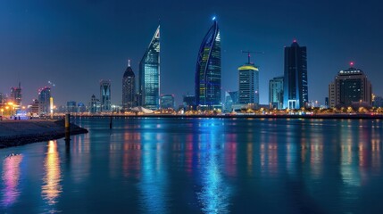MANAMA, BAHRAIN - Nighttime panorama of the World Trade Center, Bahrain Financial Harbour, and famous buildings in Manama --ar 16:9 Job ID: eec68145-867b-47c9-a766-cc1dbadf9a18