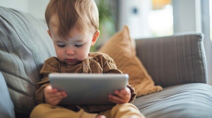 Cute baby boy watching cartoons on digital tablet - obrazy, fototapety, plakaty