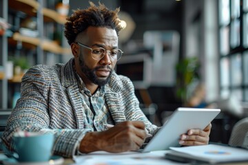 Obraz premium African-American man in glasses using a tablet in a modern workspace, concentrating on his work
