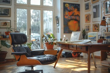 Fototapeta premium A warm and inviting home office featuring a vintage desk and chair with trendy interior decorations
