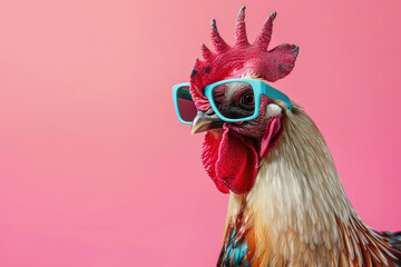 Surreal Rooster in Sunglasses on Pastel Background - Creative Animal Concept for Advertising and Editorial Use - Isolated with Copy Space - obrazy, fototapety, plakaty