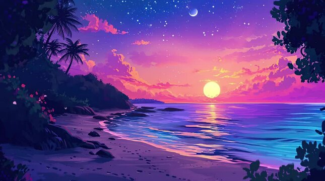 Fantasy beach sunset sky with vibrant colors and dreamy atmosphere
Seamless looping 4k time-lapse virtual video animation background. Generated AI