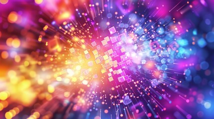 Fototapeta premium A vibrant background with glowing squares and light rays, creating an atmosphere of joyous celebration. The color scheme includes shades of purple, pink, orange, yellow, and blue.