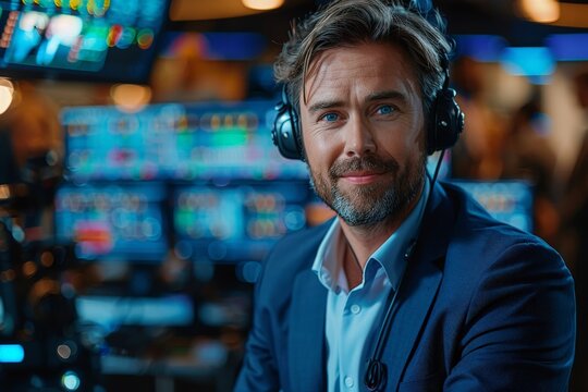 A poised male broadcaster wearing headphones in a newsroom studio with colorful digital screens