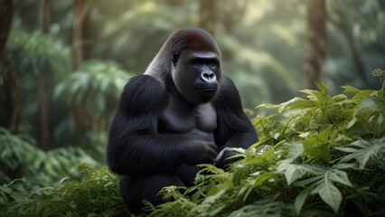 A silverback mountain gorilla sitting in Rwanda's Volcanoes National Park has a leafy green forest natural habitat.