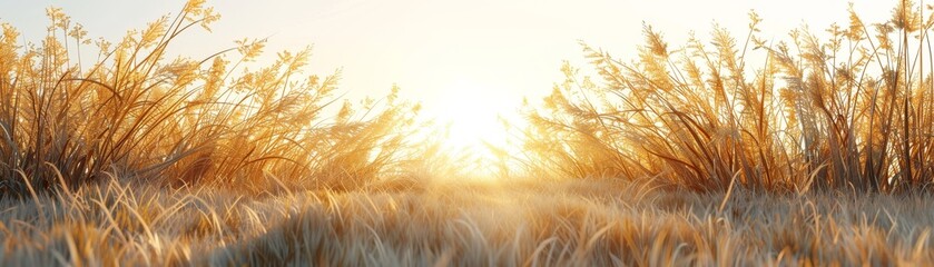 A field of tall grass with the sun shining through the middle