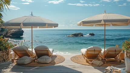 Leisure and luxury on a deck beach, featuring elegant beach accessories such as rattan loungers, oversized umbrellas. Generative AI.