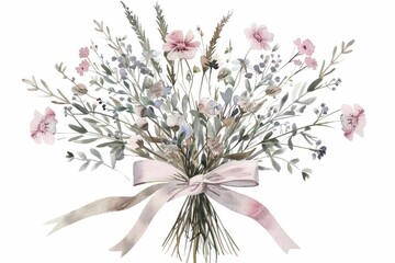 Watercolor illustration of a beautiful bouquet of colorful wildflowers with a delicate ribbon on a white background