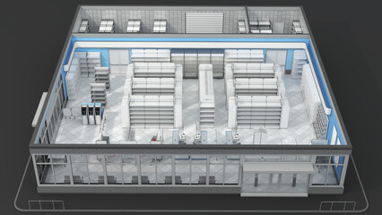 Retail floor plan mockup with empty shelves. 3d illustration on gray background