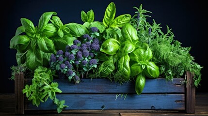 parsley fresh herbs on dark blue - obrazy, fototapety, plakaty