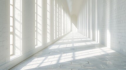 Obraz premium A long, narrow room with white walls and white flooring