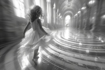 Monochrome image of a young girl in a white dress dancing in a surreal grand hall, with a motion blur effect