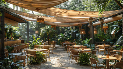 Fototapeta premium A tropical modern garden cafe with lush greenery surrounding, various styles of tables and chairs scattered throughout the garden area. Generative AI.