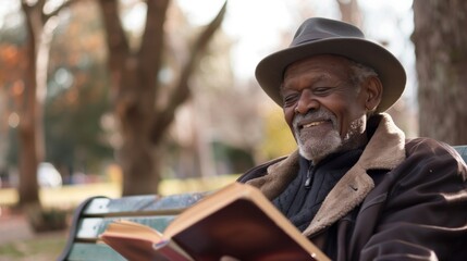 An elderly man smiling while reading a book on a park bench