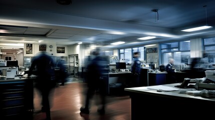 bustling blurred police station interior