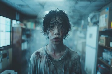 Fototapeta premium A disheveled young man appears amidst smoke in a chaotic office, showing stress or crisis