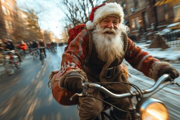 A jubilant Santa Claus rides a bike with a sack of presents, embodying holiday cheer and motion