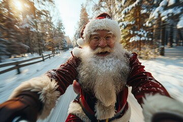 Fototapeta premium Vivid imagery of Santa Claus on a motorcycle journey through a snow-capped winter forest, full of movement