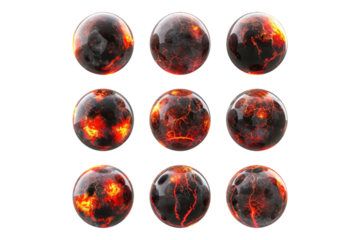 Set of hot lava planet or balls isolated on transparent background
