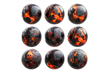 Set of hot lava planet or balls isolated on transparent background