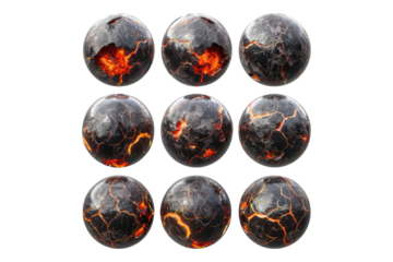 Set of hot lava planet or balls isolated on transparent background