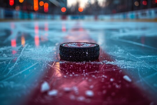 This image captures a red hockey puck on a snowy ice hockey rink with a dynamic snow spray, emphasizing the action