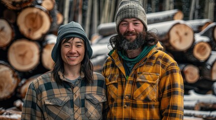 Fototapeta premium A portrait of two mixed race woodworker standing in front of a mountain of logs. Generative AI.