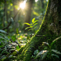 Sunlit mossy tree trunk in dense forest. Spring day in the rainforest. World Environment Day and carbon neutrality themes. Environmental conservation and natural carbon sinks. Sustainable forests.