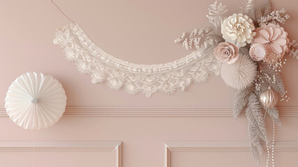 A white lace draped over a wall with a pink floral arrangement