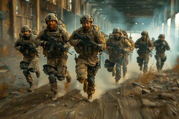 Fototapeta premium A dynamic scene captures soldiers in full gear running through an industrial area with smoke in the background