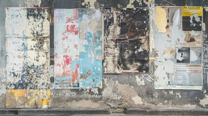 Street posters on urban wall with distressed texture and grunge background