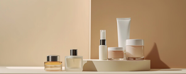 Minimalist skincare products on beige background, space for text