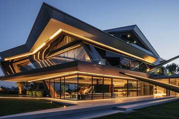 The exterior of a futuristic house at evening, with bold lighting illuminating its innovative...