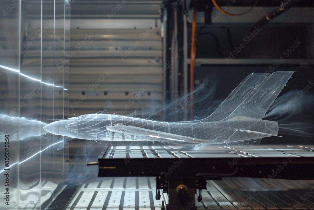 Poster zoomed-in image of a wind tunnel test for an aircraft wing model, airflow patterns highlighted