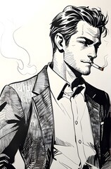 Man in relaxed pose, smoker sketch engraving artificial intelligence fictional character raster generated illustration. Imitation scraper. black and white image