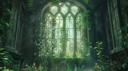 beautiful tall ancient window, covered with plants and floweres, dark and aesthetic, realistic art illustration