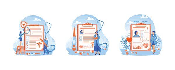 Man fills out medical history. The doctor checks the patient's health records. Doctors monitor the progress of the patient's health. Health Records concept. Set flat vector illustration.