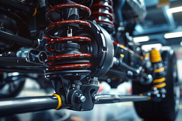 Obraz premium Zoomed-in image of an innovative shock absorber system on a performance vehicle, suspension details visible 