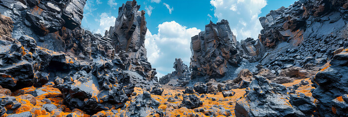 Rugged landscape dominated by volcanic rock formations, contrasting with a serene lake under a clear blue sky