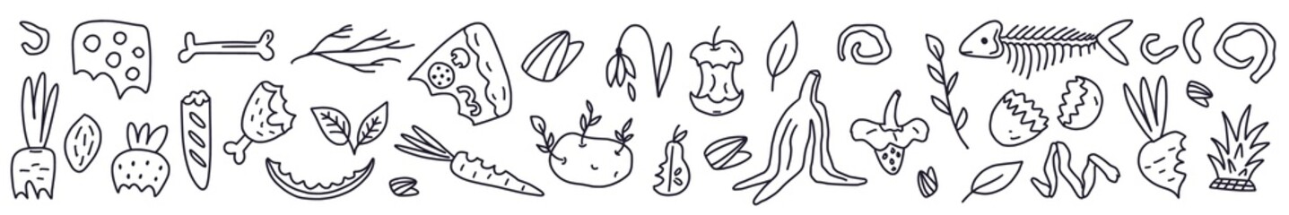 Organic waste, food compost garbage, hand-drawn illustration in the style of doodles