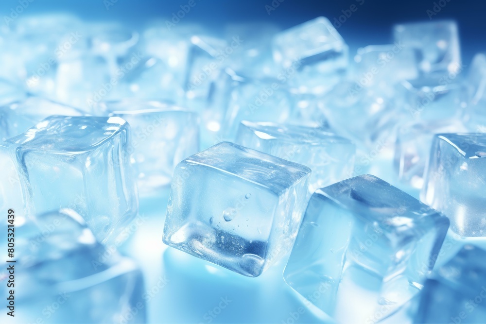 Poster refreshing smooth ice cubes light. wet purity. generate ai