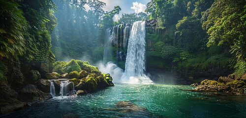 The dynamic energy of a thunderous waterfall plunging into a serene pool, surrounded by the dense greenery of a tropical jungle.