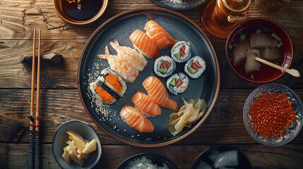 A close-up view of sushi with chopsticks on a brown wooden table